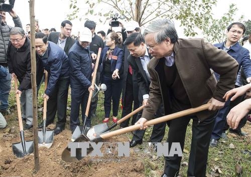 Mr. Vuong and delegates plant trees at An Duong Vuong Tomb complex. (Photo: VNA)
