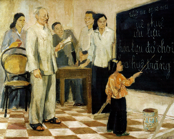 Oil painting on Uncle Ho’s visit to the first-grade class by Do Huu Hue